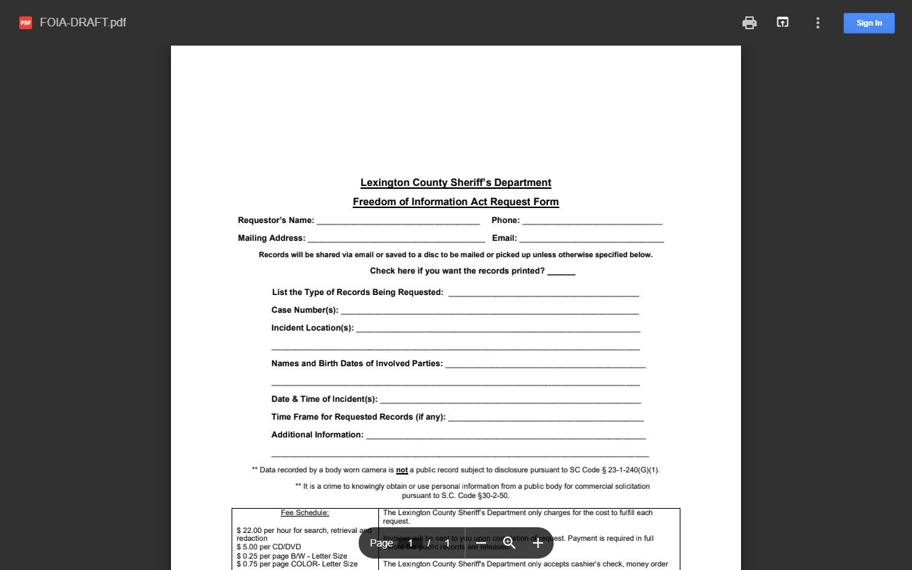 Lexington County Sheriff's Department FOIA request form