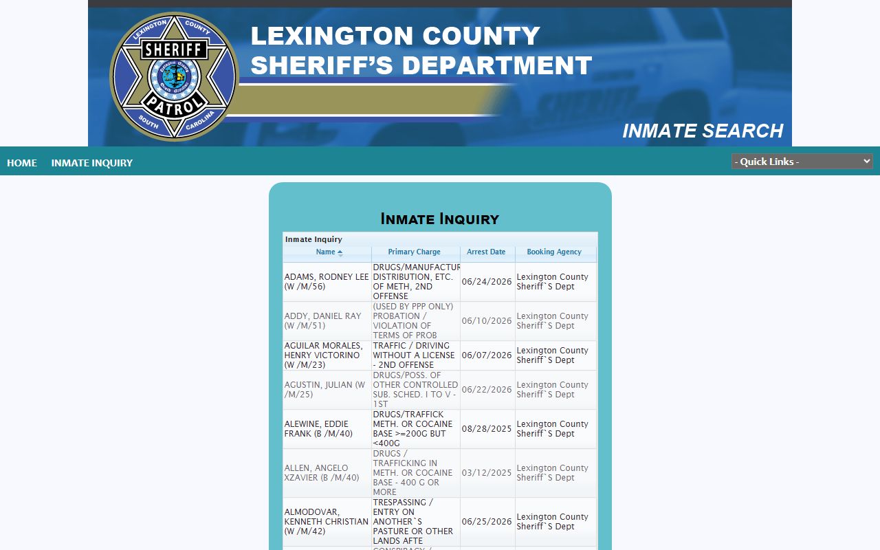 Lexington County inmate search fields on the sheriff P2C roster