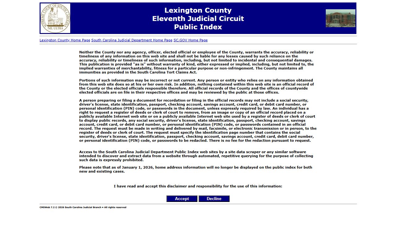 Lexington County Public Index court case search page